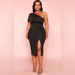 Plus Black One Shoulder Bow Detail Midi Dress